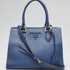 Prada Bluette Saffiano and Soft Calfskin Leather Small Monochrome Tote Bag 1B